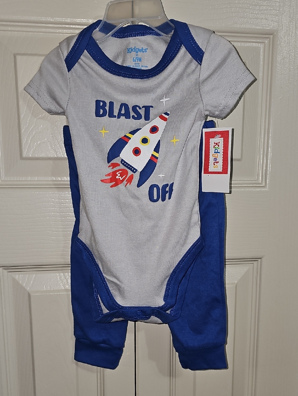 Blast Off Rocket Baby Onesie and Pants Set - Blue & White